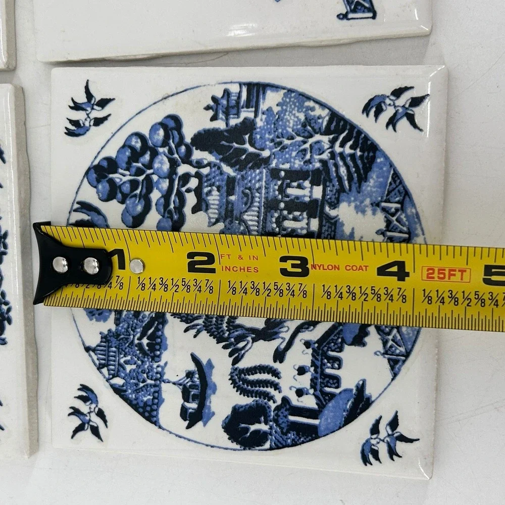 Vintage Blue Willow Ceramic Tiles Set of 4 Pagoda Scene Blue White 4.25 Inch